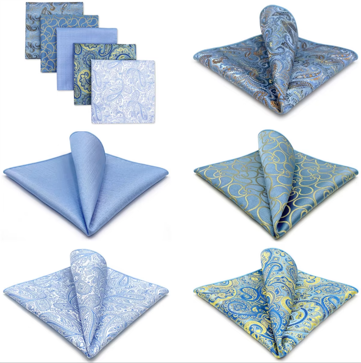 Light Blue & Gold Paisley Pocket Square Set – 5 Elegant Designs for Timeless Style