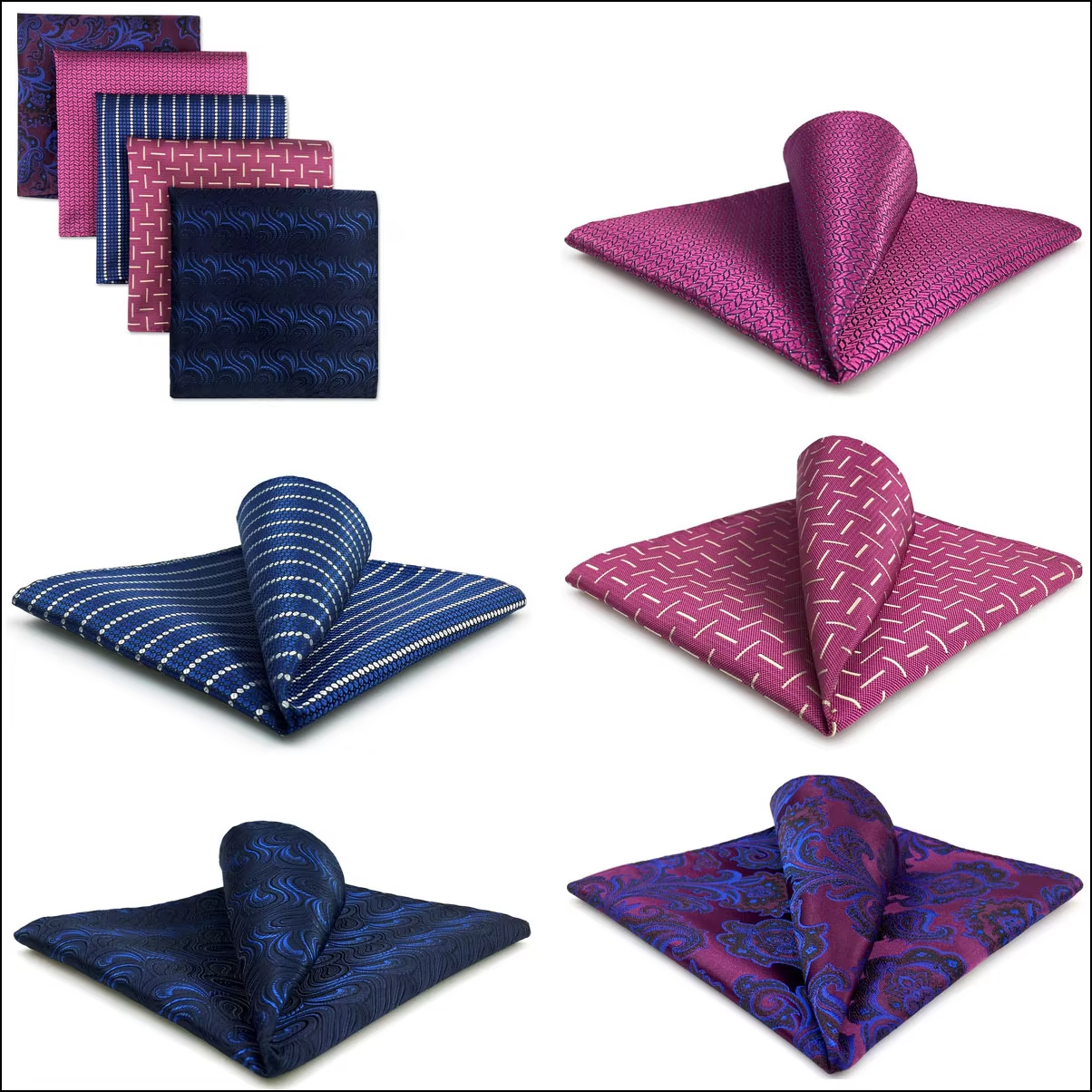 Navy & Pink Pocket Square Set – 5 Distinct Patterns in Paisley, Geometric, and Striped Designs