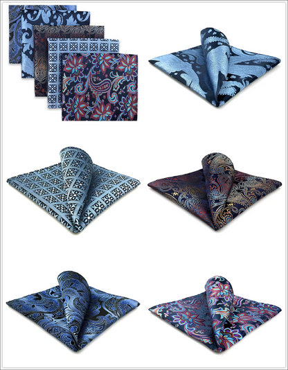 Blue & Floral Paisley Pocket Square Set – 5 Elegant Patterns in Floral, Paisley, and Geometric Designs