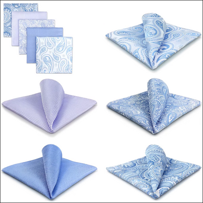 Soft Blue & White Pocket Square Set – 5 Refreshing Patterns in Light Tones