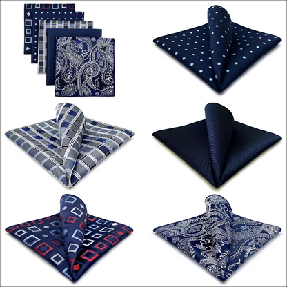 Elegant Navy Pocket Square Set – 5 Distinct Patterns Featuring Paisley, Polka Dots, and Checks