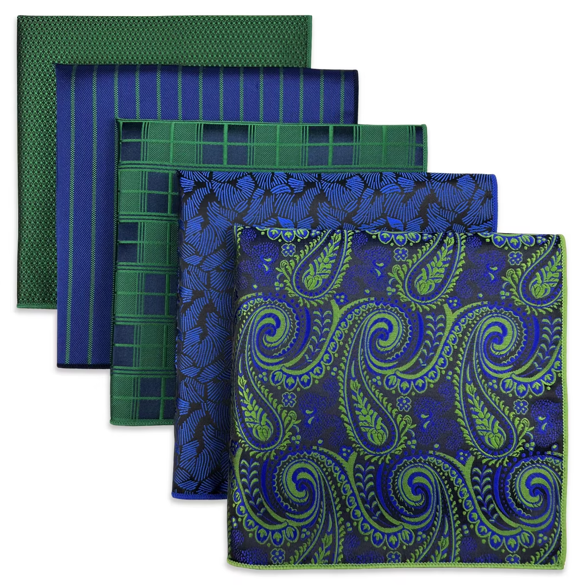 Luxurious Green and Blue Pocket Square Set – 5 Rich Designs Featuring Paisley, Checks, and Stripes