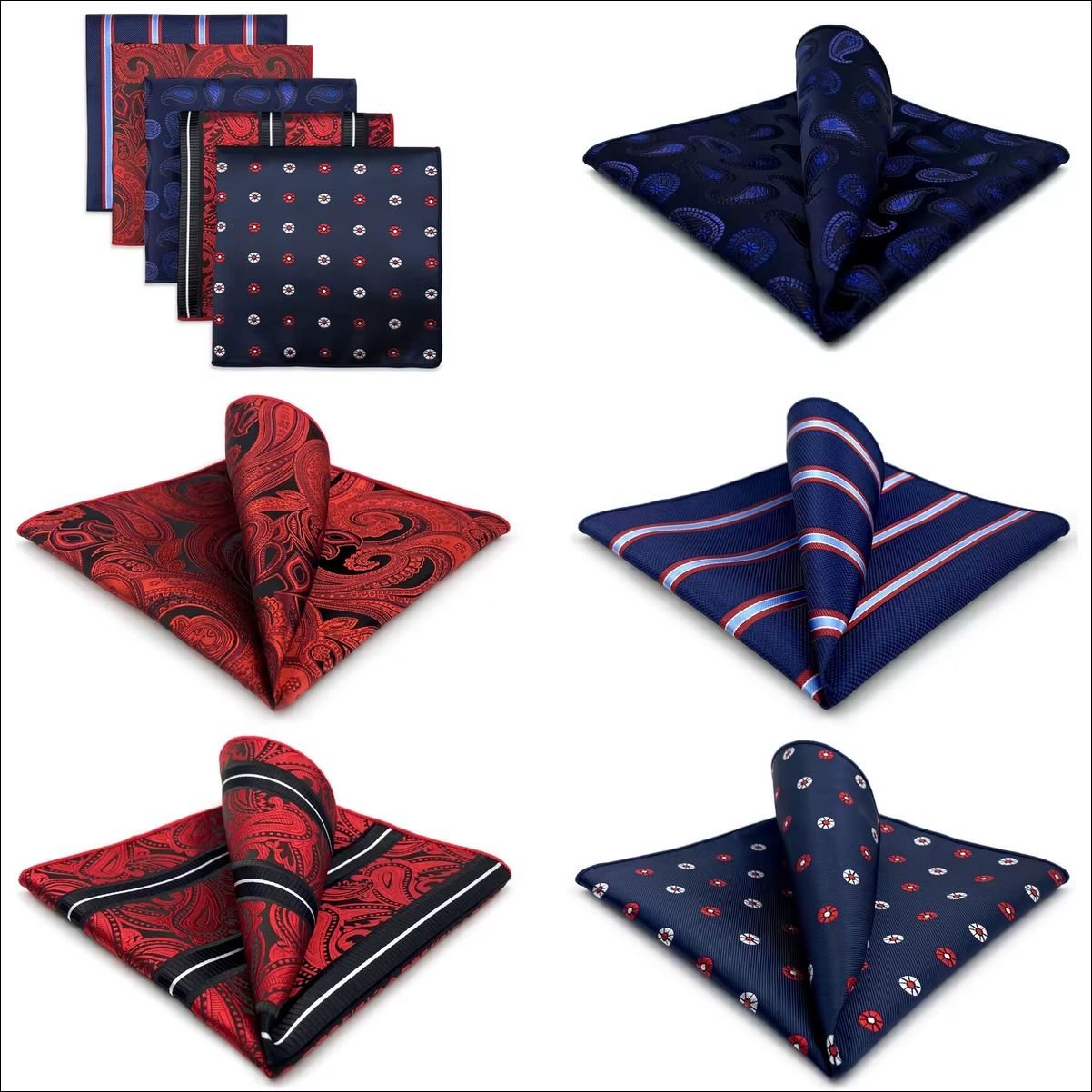 Navy & Red Pocket Square Set – 5 Refined Patterns with Paisley, Stripes, and Geometric Designs