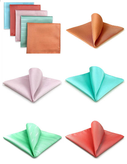 Pastel & Earth Tone Pocket Square Set – 5 Elegant Designs in Mint, Peach, and Coral