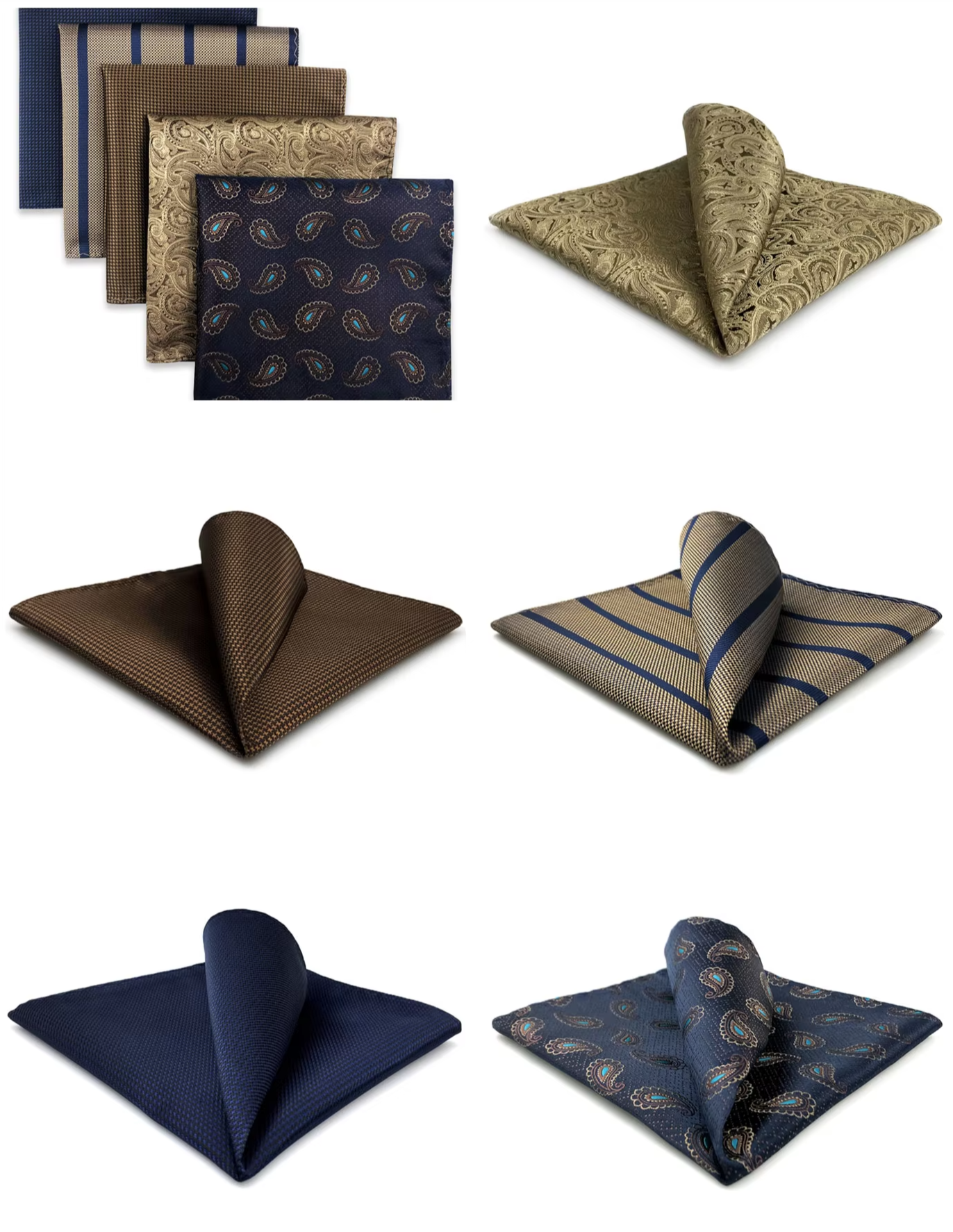 Navy & Khaki Classic Heritage Pocket Square Set – 5 Vintage-Inspired Patterns with Paisley, Stripes, and Checkered Designs