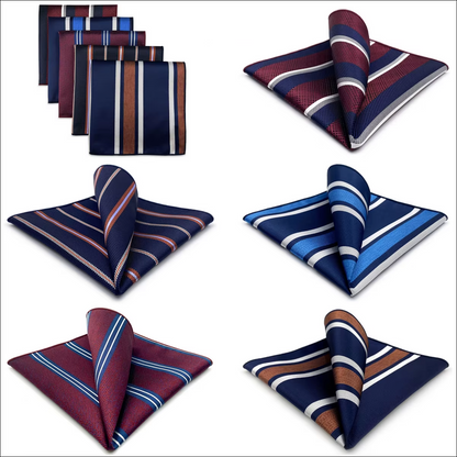 Warm-Toned Striped 5-Piece Jacquard Pocket Square Set – Navy, Brown, and Burgundy