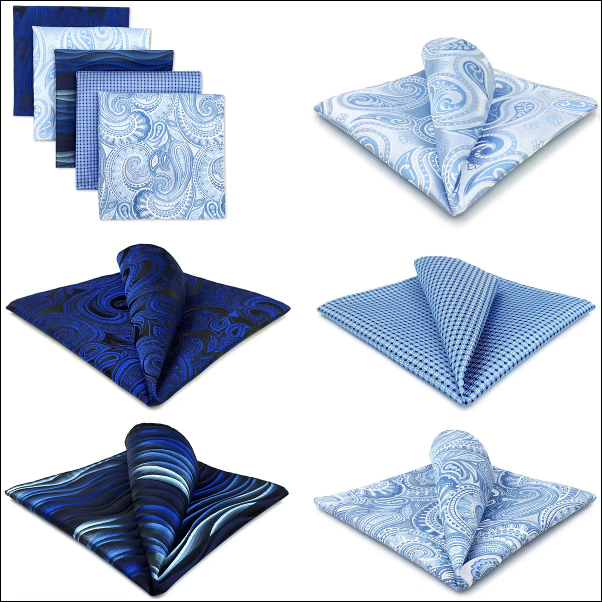 Classic Blue & White Pocket Square Set – 5 Bold Designs Featuring Paisley, Waves, and Micro Checkered Patterns