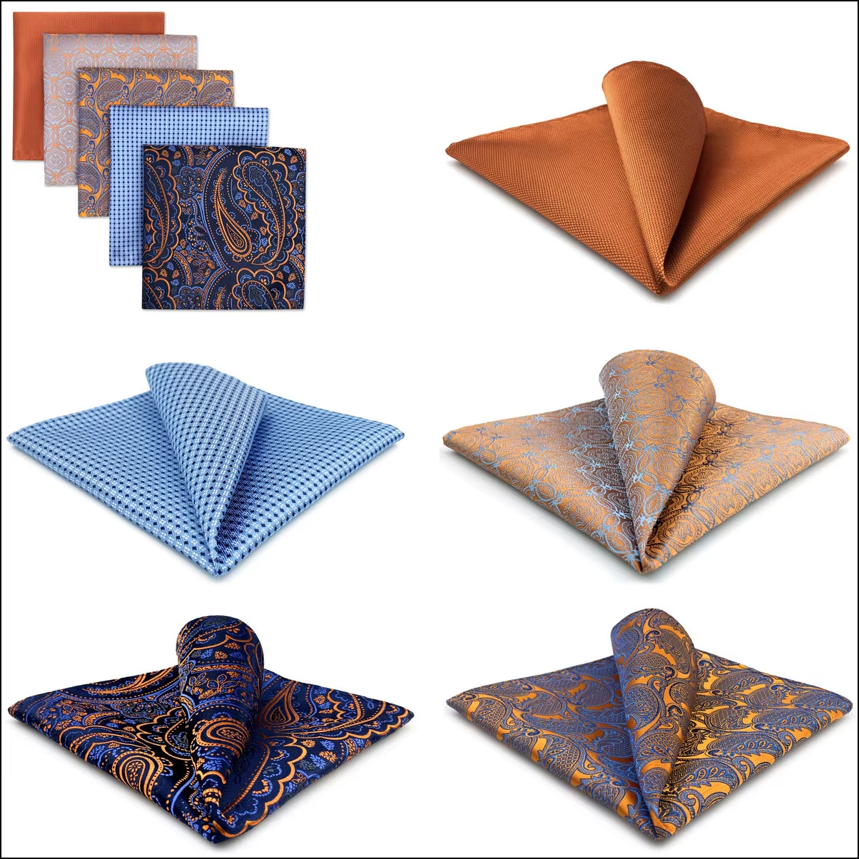 Navy & Burnt Orange Pocket Square Set – 5 Bold Paisley and Geometric Patterns