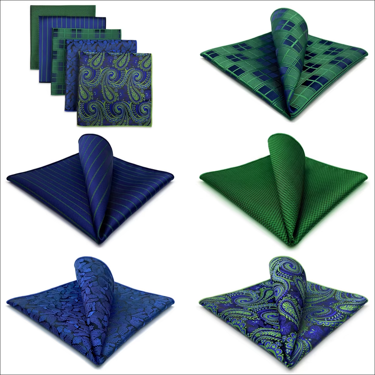 Luxurious Green and Blue Pocket Square Set – 5 Rich Designs Featuring Paisley, Checks, and Stripes