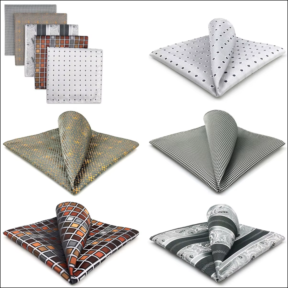 Gray & White Pocket Square Mixed Set – 5 Unique Patterns in Houndstooth, Paisley, Grid, and Polka Dots