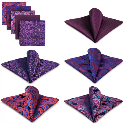 Purple & Burgundy Paisley Pocket Square Set – 5 Bold Patterns Featuring Paisley, Floral, and Textured Designs