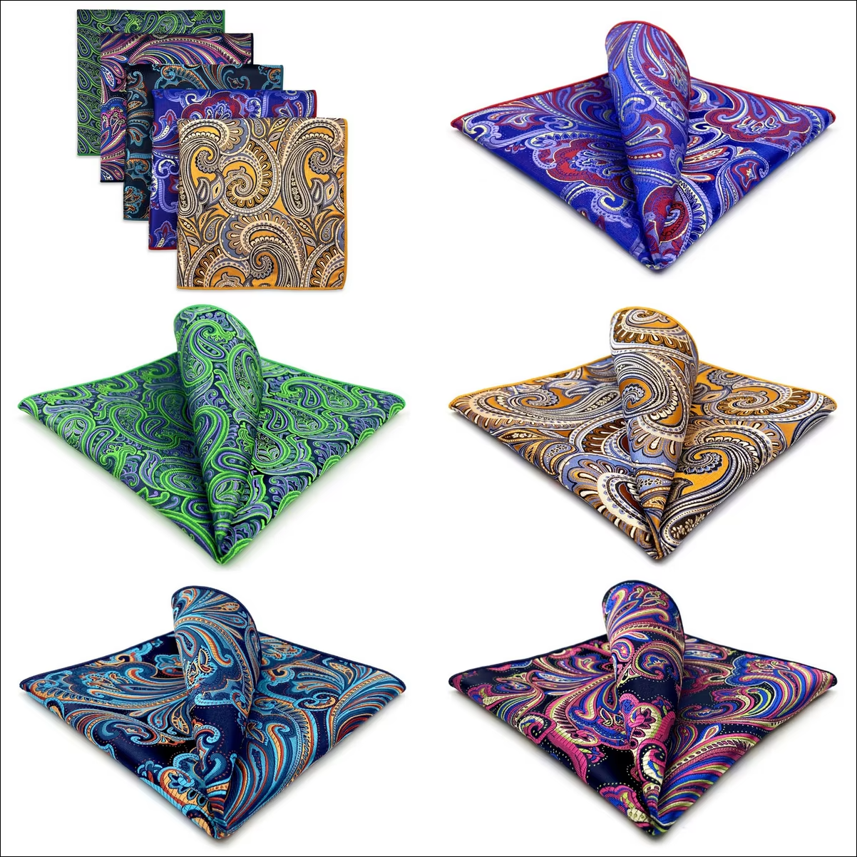 Bold Paisley Pocket Square Set – 5 Vibrant Patterns in Gold, Green, Blue, and Red