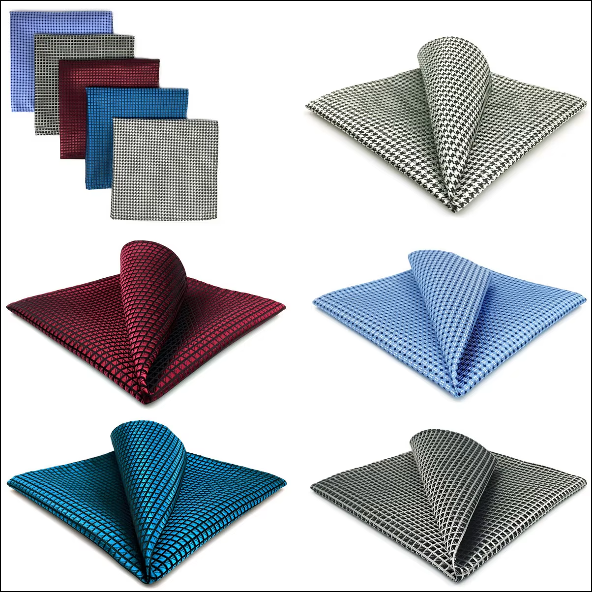 Classic Houndstooth & Checkered Pocket Square Set – 5 Elegant Designs in Blue, Burgundy, and Black