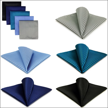 Classic Black & Blue Pocket Square Set – 5 Refined Patterns with Houndstooth and Geometric Style