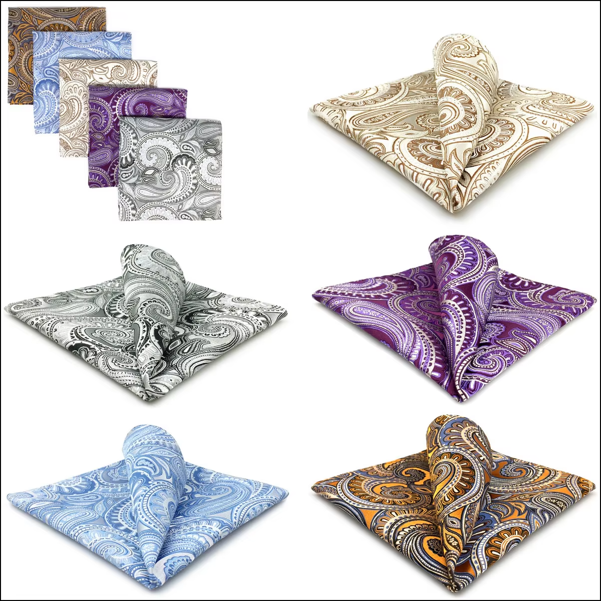 Ornate Paisley Pocket Square Set – 5 Regal Patterns in Rich Color Tones