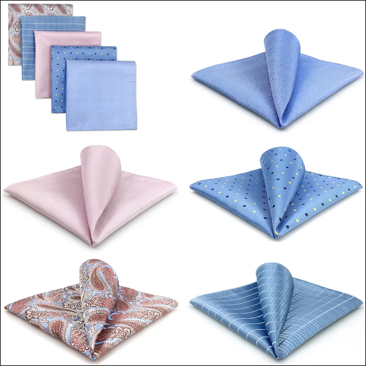 Soft Blue & Pink Pastel Pocket Square Set – 5 Gentle Designs Featuring Paisley, Polka Dots, and Stripes