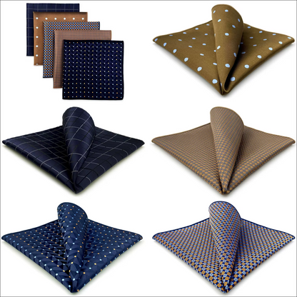 Refined Brown & Navy Pocket Square Set – 5 Classic Patterns with Elegant Geometric Designs