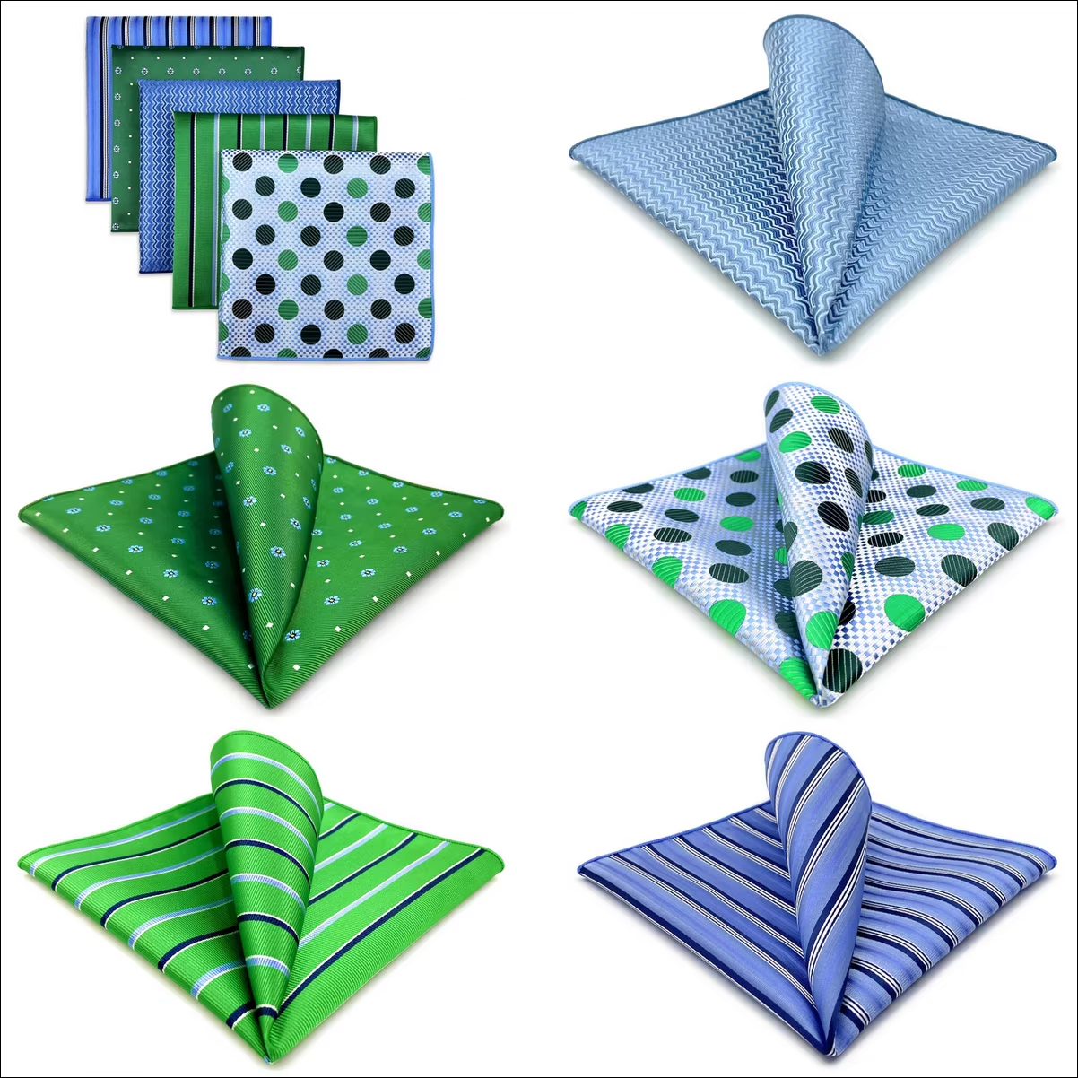 Blue & Green Patterned Pocket Square Set – 5 Bold Designs with Stripes, Polka Dots, and Geometrics