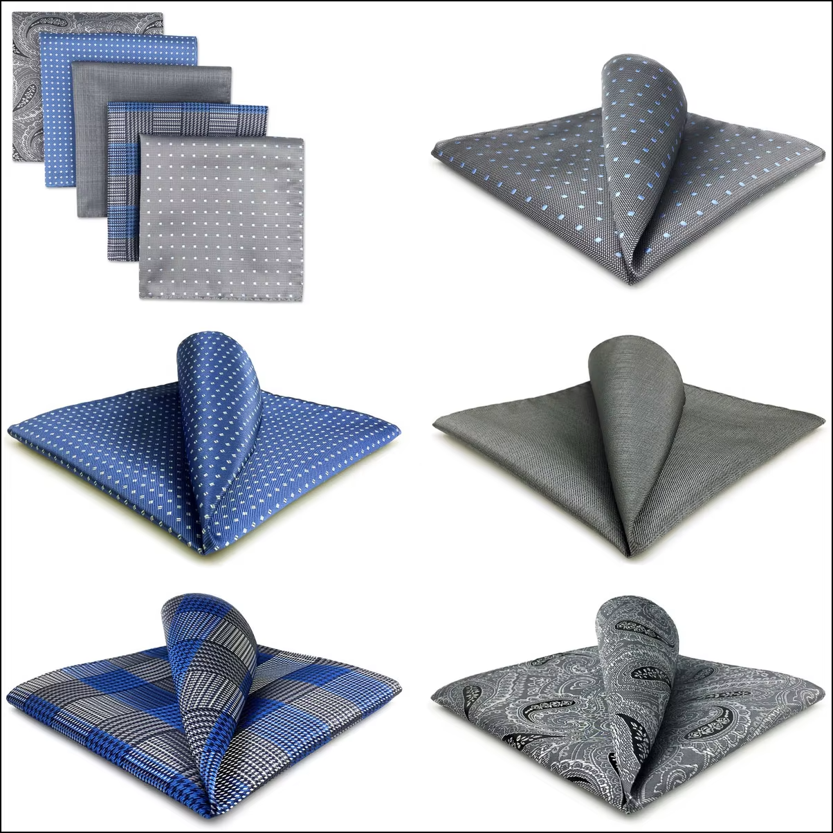 Light Blue & Gray Pocket Square Set – 5 Coordinated Patterns - 12.6"