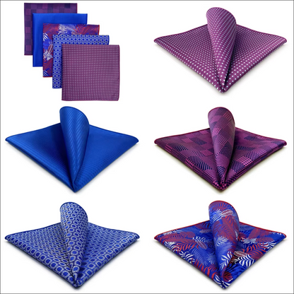 Vibrant Purple and Blue Pocket Square Set – 5 Bold Patterns Featuring Florals, Geometrics, and Solids