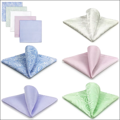 Pastel Elegance Pocket Square Set – 5 Delicate Patterns Featuring Paisley, Solid, and Micro Checkered Designs